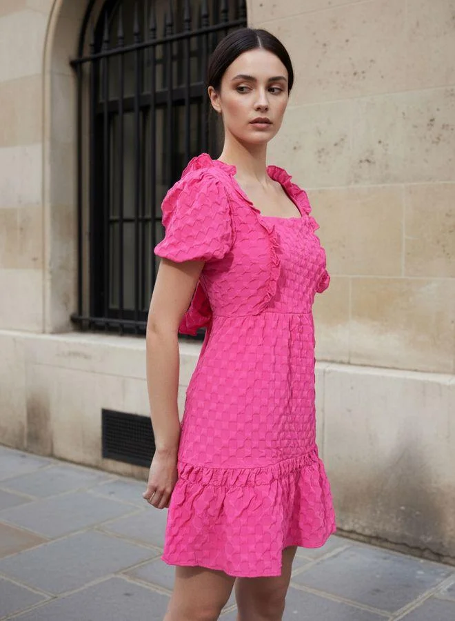 مرفوعة Women Fit and Flared Textured Square Neck Half Sleeves Ruffle Dress